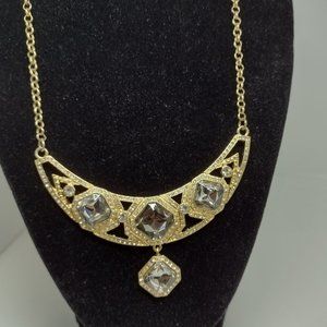 Gold Bar Necklace with Large Smoky Rhinestones Surrounded by Clear Rhinestones
